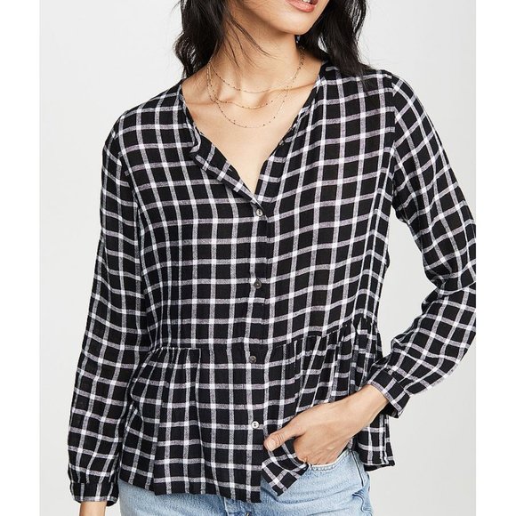 Rails Tops - Rails Celeste Check Peplum Linen Blend Top